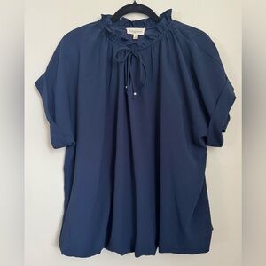 Elegant Navy Blouse with Ruffle Neckline